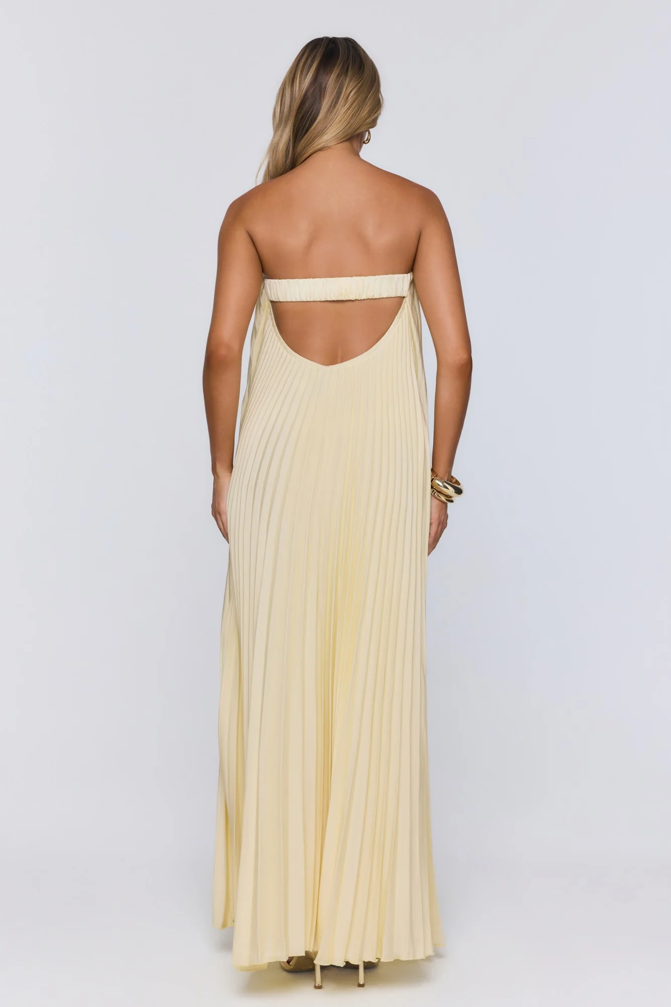 Moonlit Sea Pleated Strapless Maxi Dress Lemon