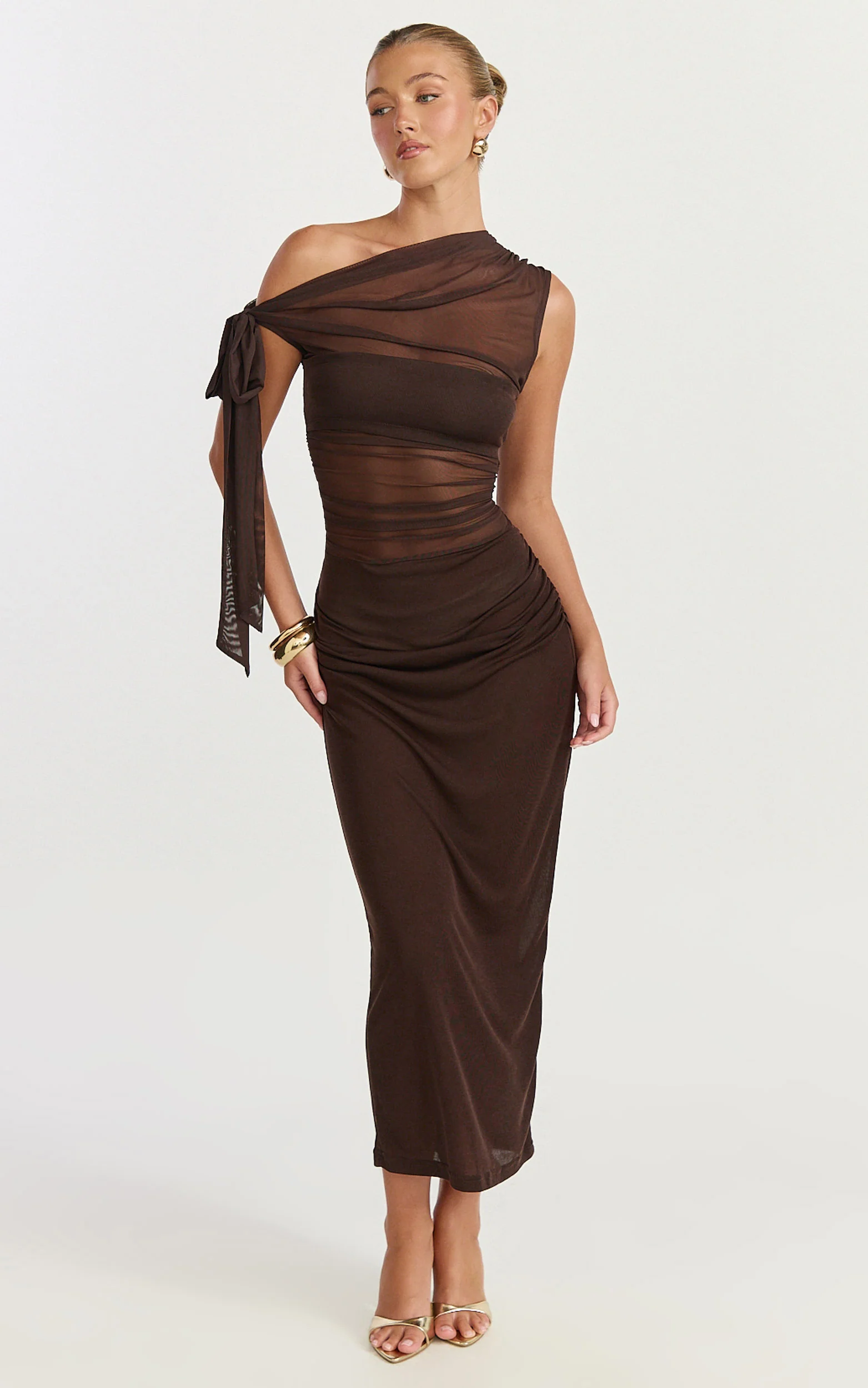 Asymmetrical Off Shoulder Tie Detail Dress in Chocolate
