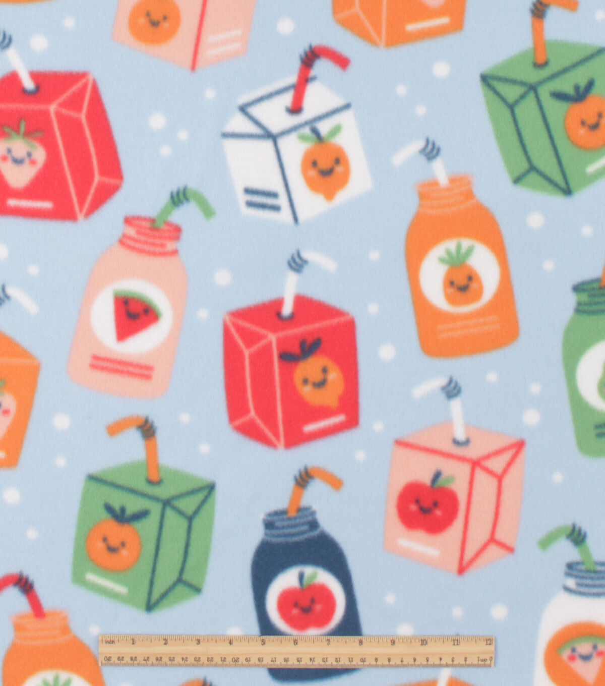 Fruit Juice Drinks on Blue Blizzard Fleece Fabric