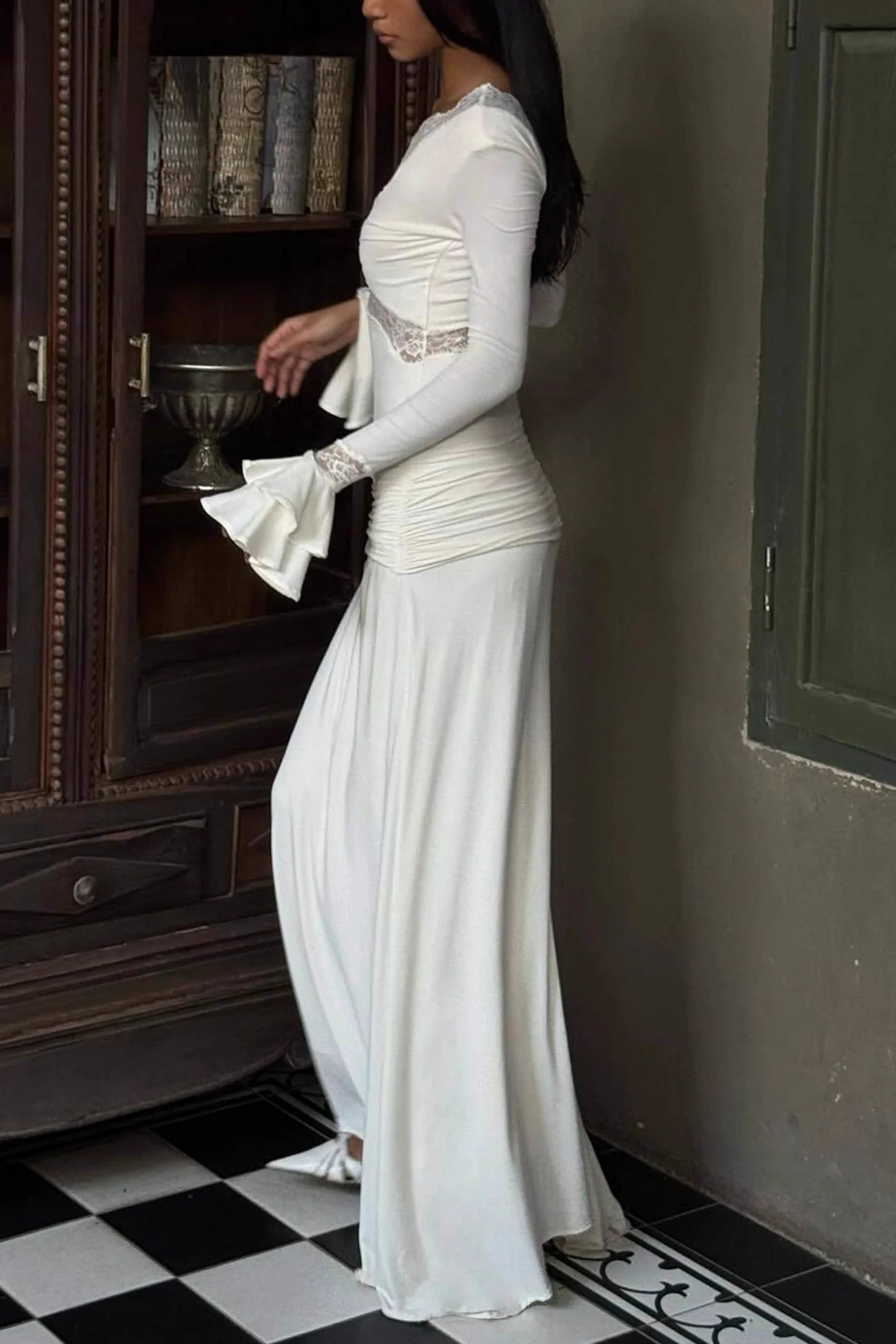 Lace Patchwork Flare Sleeve Tie-up Maxi Dress