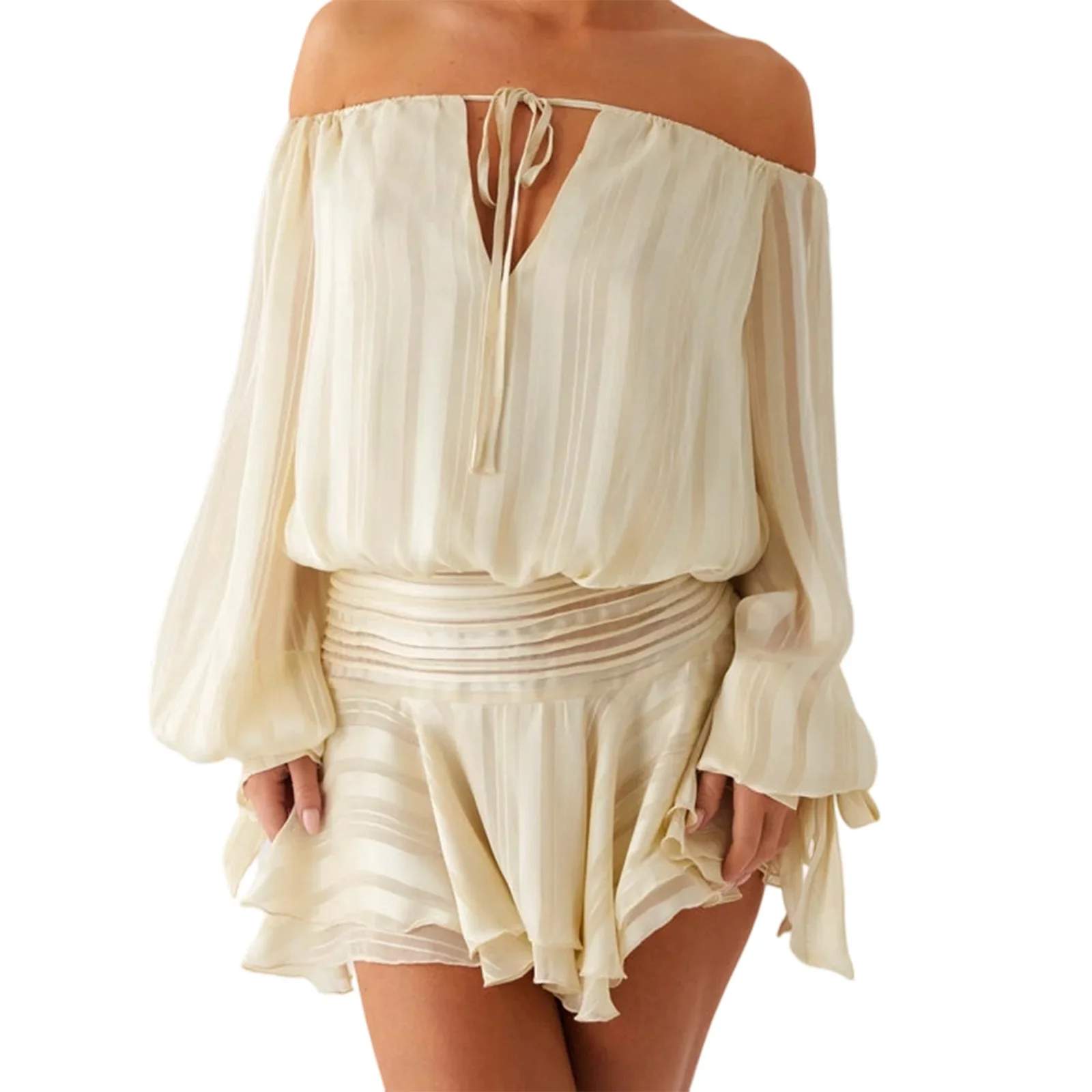 Ruffles Tie Up Off-Shoulder Long Sleeve Mini Dress