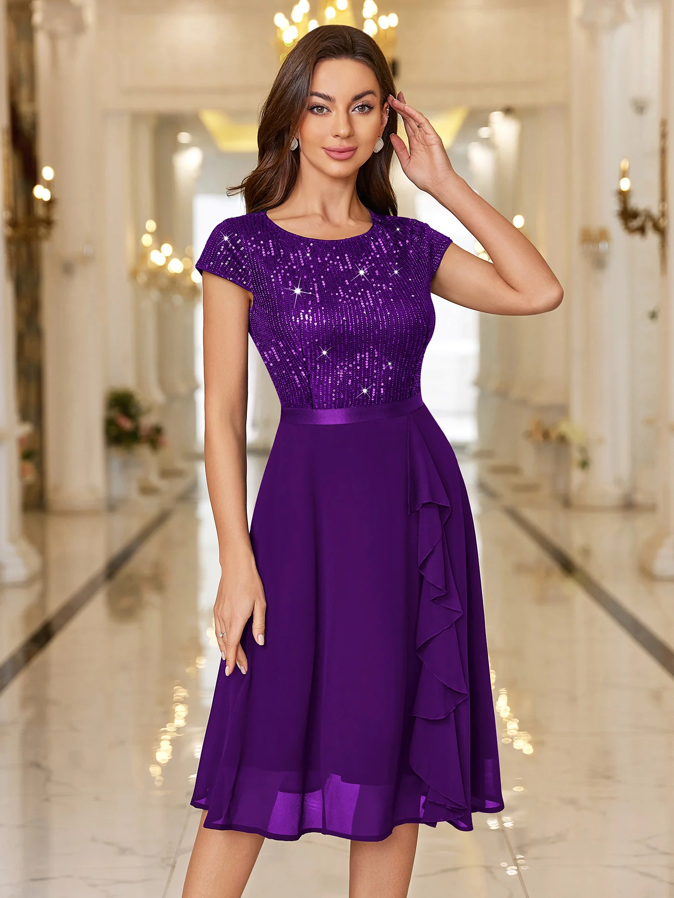 Sequin Lace Ruffle Trim Chiffon Cocktail Party Swing Dress for Weddings, Proms & Formal Events
