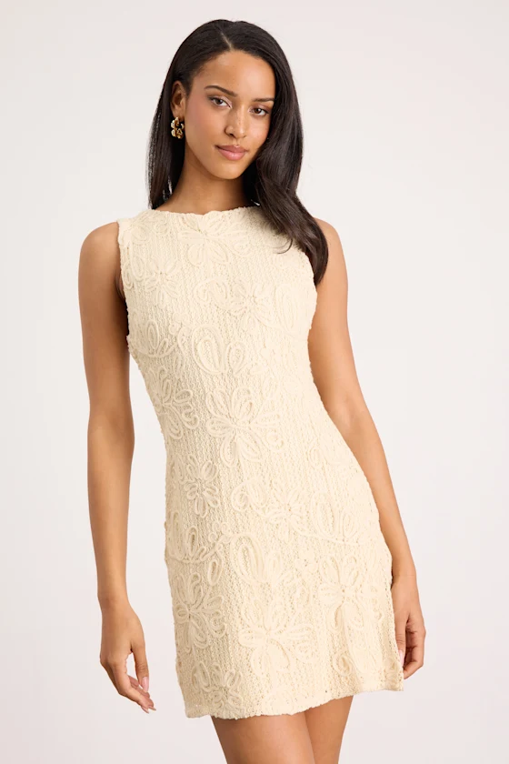 Fenicia Cream Abstract Floral Embroidered Mini Dress