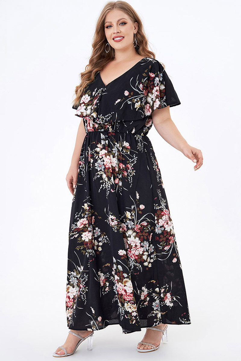 Flycurvy Plus Size Casual Black Chiffon Floral Print Pleated Tunic Maxi Dress