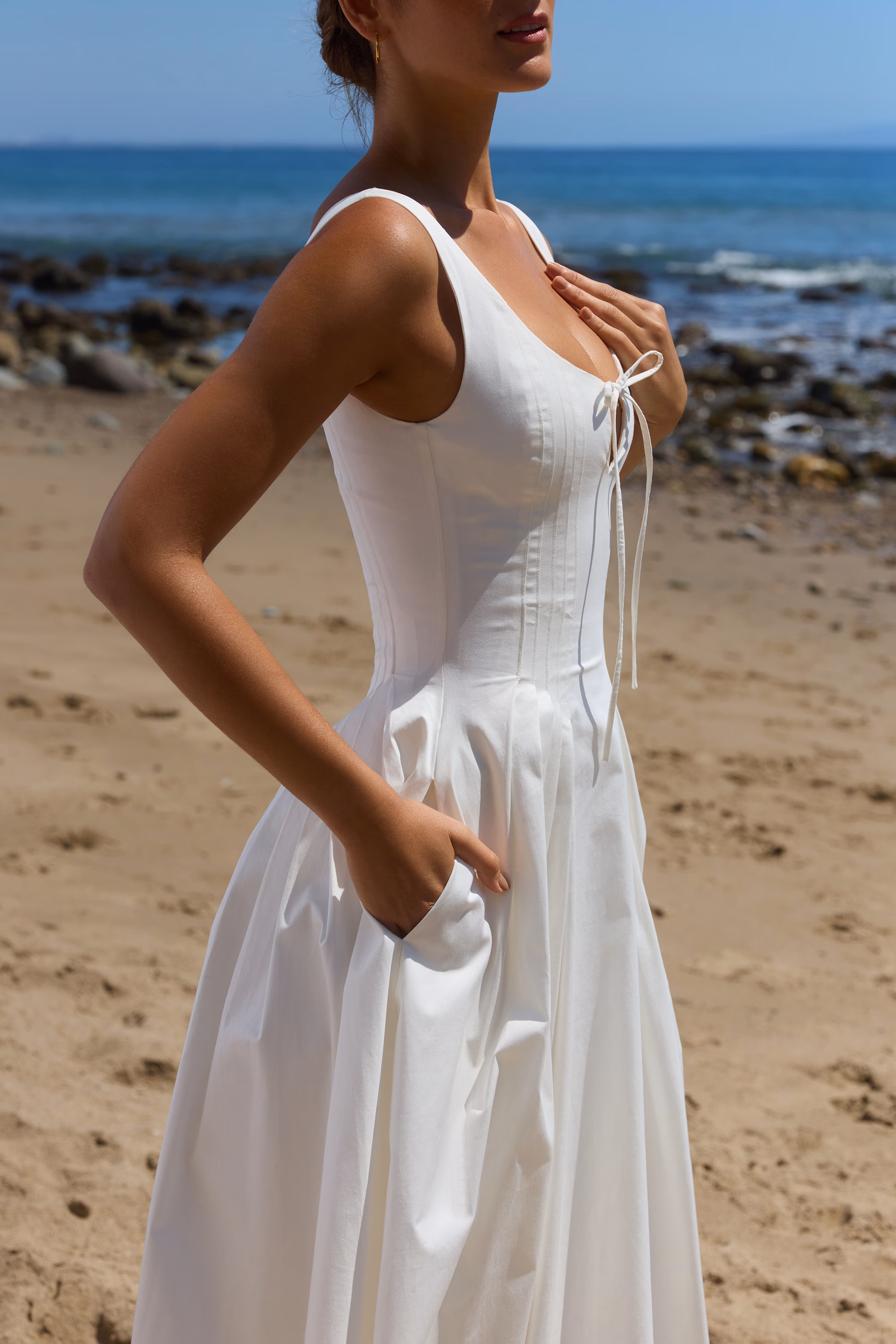 white pleated cotton peekaboo midi dress