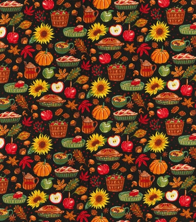 Fall Foods on Black Cotton Fabric