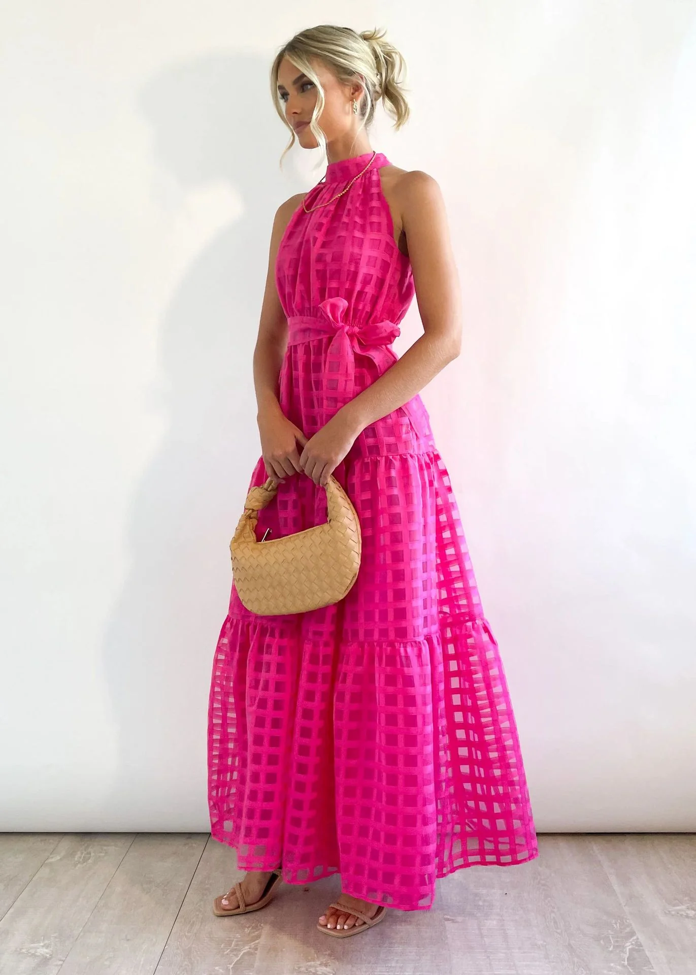 2023 Fashion Trends | Hot Pink Halter Retro Maxi Summer Dress