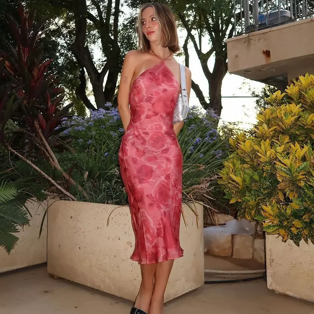 Rose Pink Print Halter Midi Dress