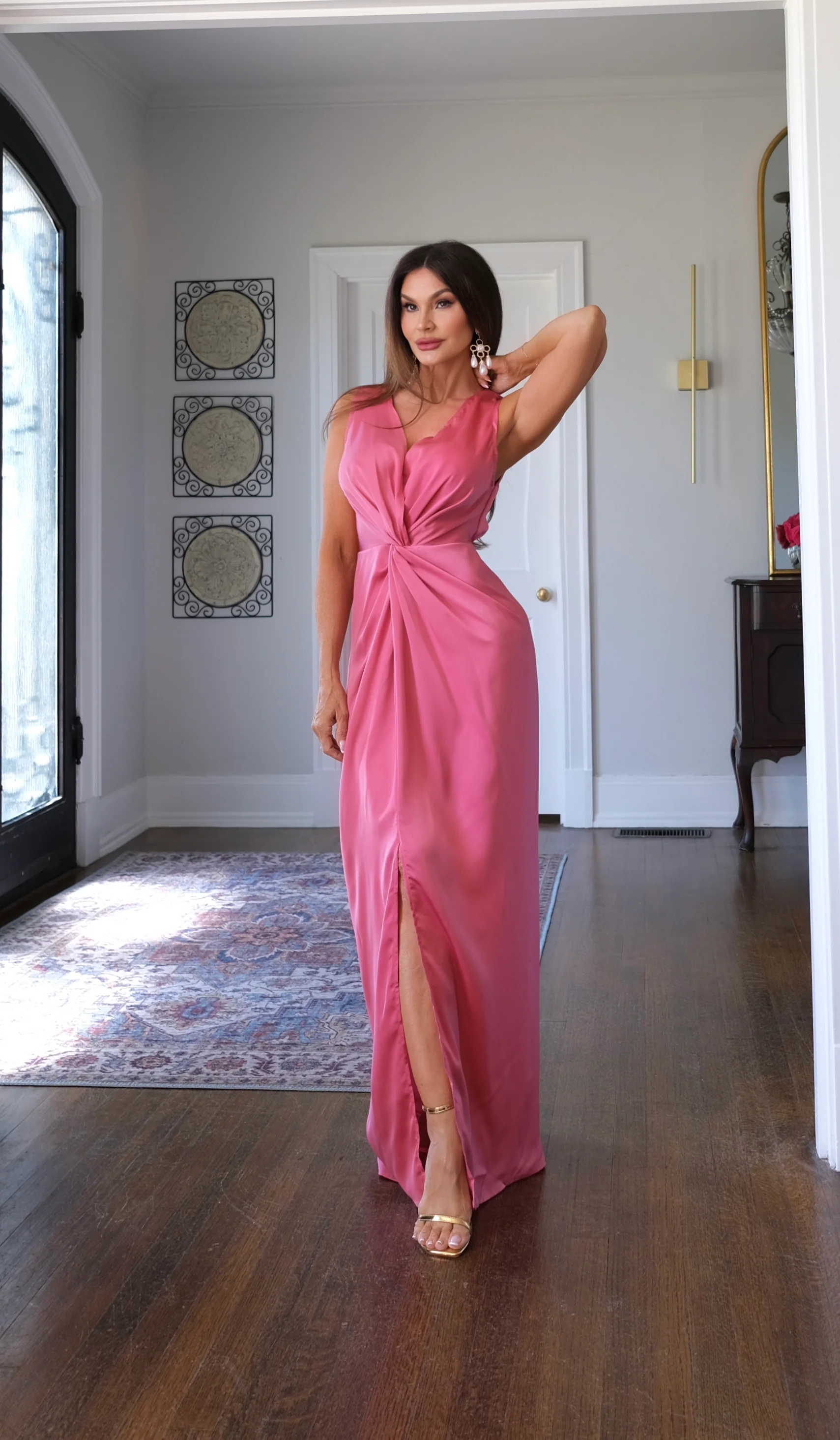 Rebel rose satin knotted v neck maxi dress