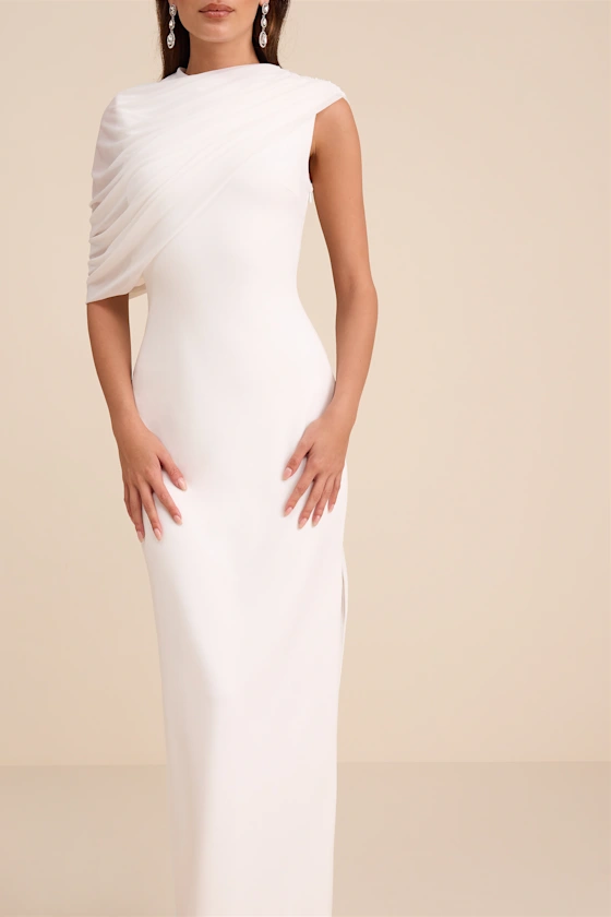 Sutton White Asymmetrical Column Maxi Dress