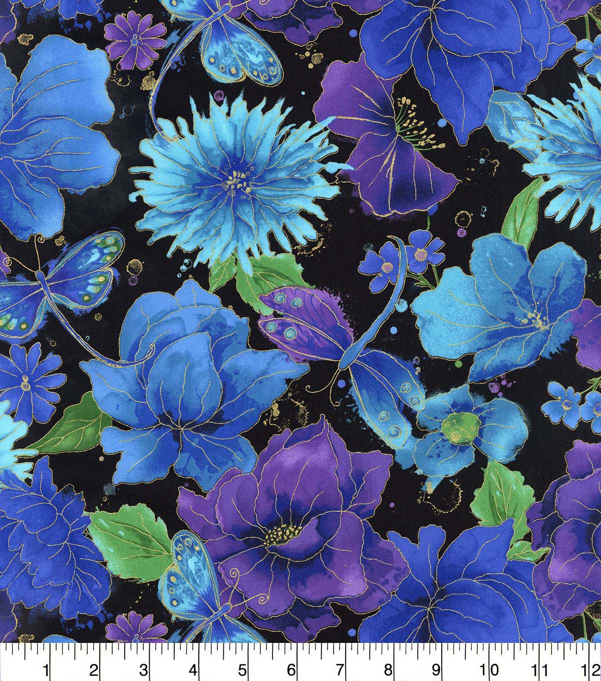 Hi Fashion Floral on Black Premium Metallic Cotton Fabric