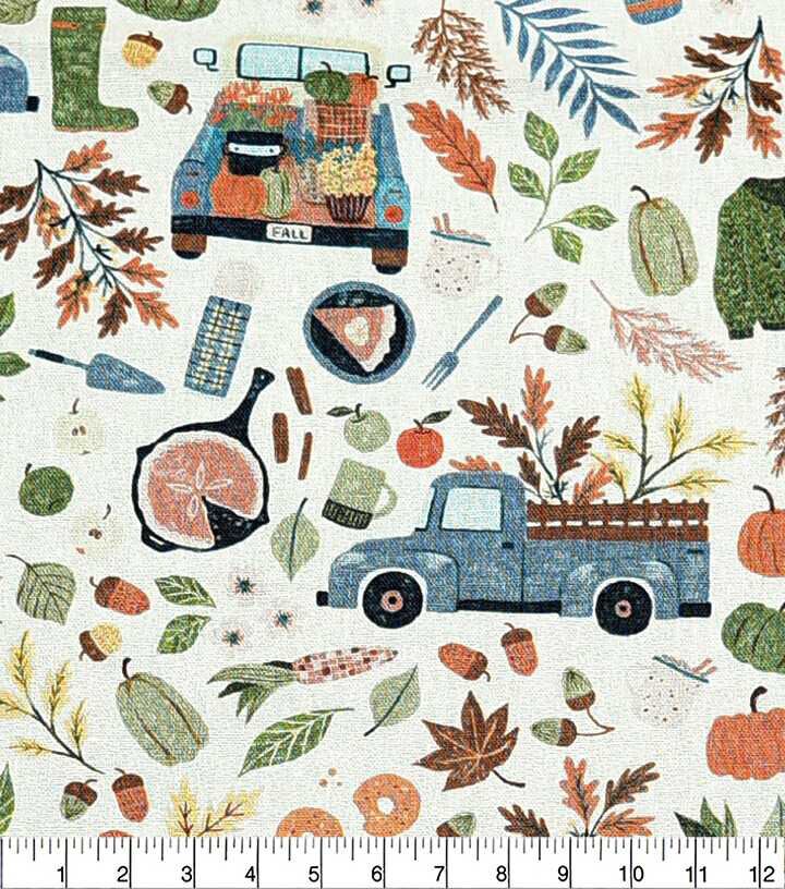 Teal Harvest Trucks Fall Print Fabric