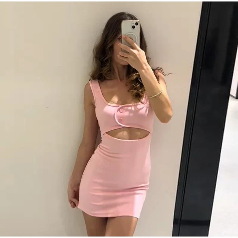 Pink Strap Cut Out Snap Button Bodycon Mini Dress