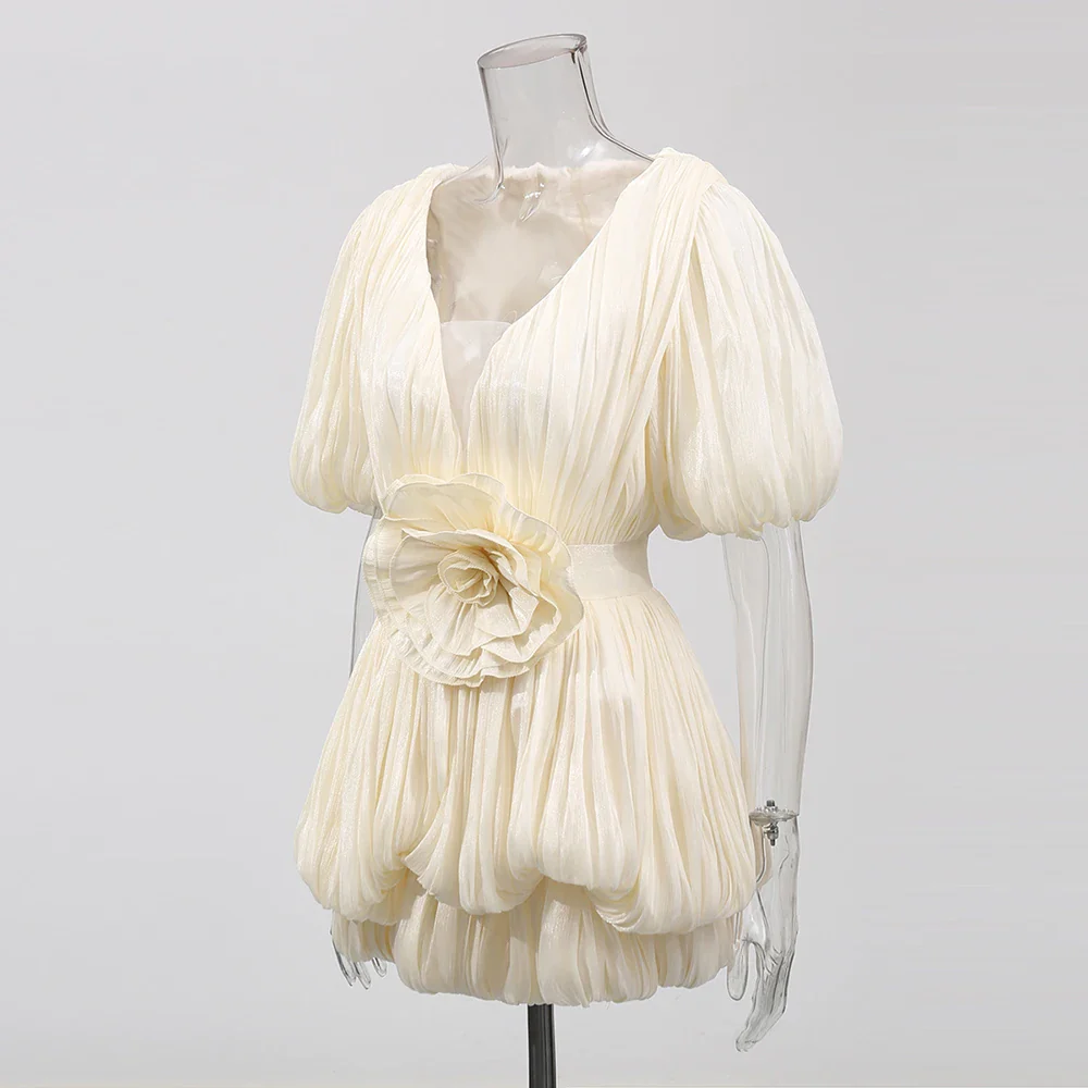 Ruched Deep V Neck Puff Sleeve 3D Flower Mini Dress