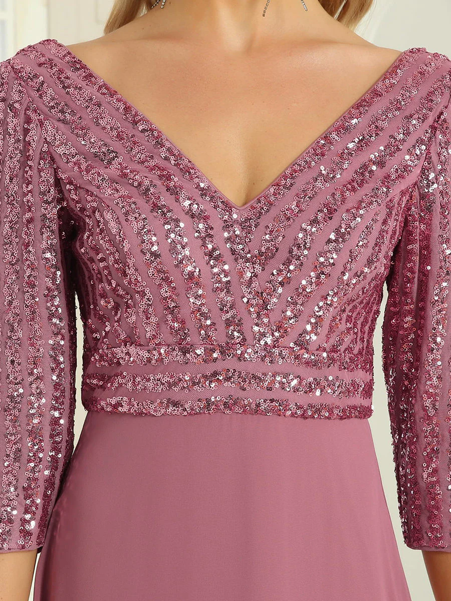 Sexy V Neck A-Line Sequin Wholesale Evening Dresses With 3/4 Sleeve