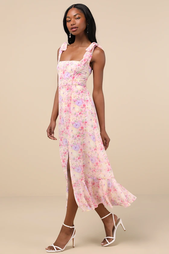 Summer Invite Pink Multi Floral Tie-Strap Tiered Midi Dress