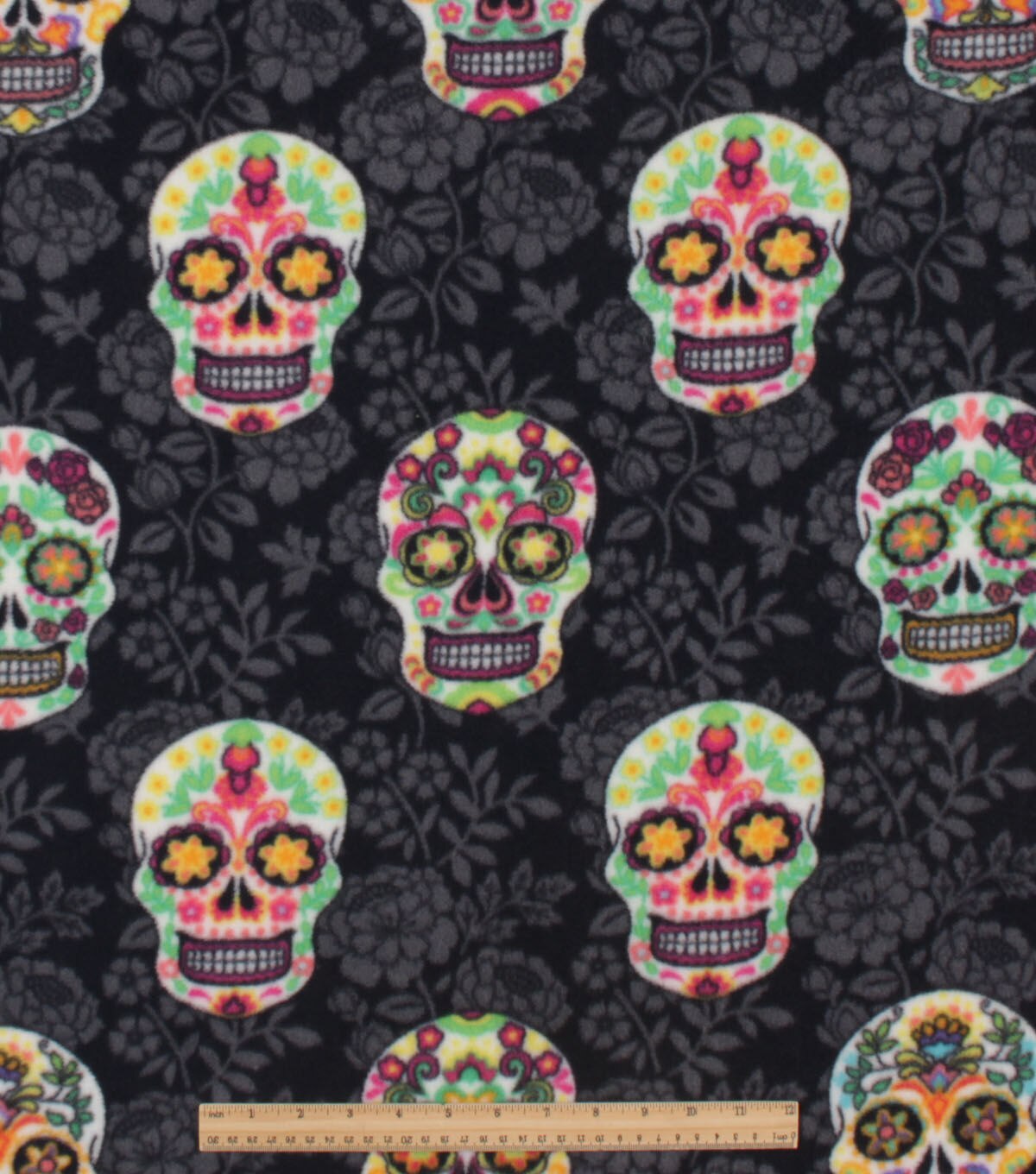 Skull Print With Sketched Floral on Black Anti Pill Plush Fleece Fabric