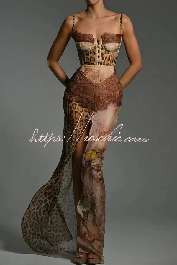 Chiffon Leopard Print Sexy Lace Splicing High Slit Slim Maxi Dress