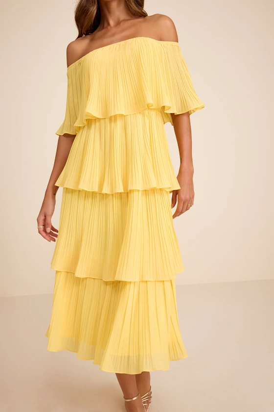 Gala Ready Yellow Off-the-Shoulder Ruffle Midi Dress