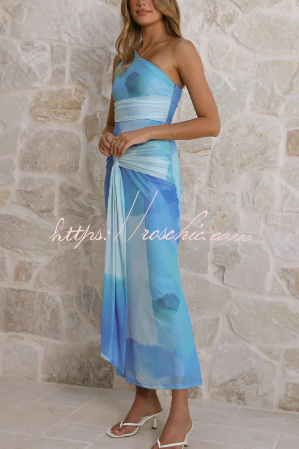 Unique Printed One-Shoulder Cutout Fitted Lace-Up Maxi Dress