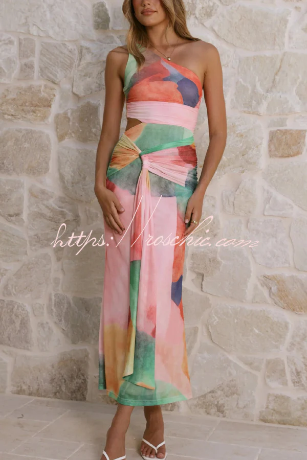 Unique Printed One-Shoulder Cutout Fitted Lace-Up Maxi Dress