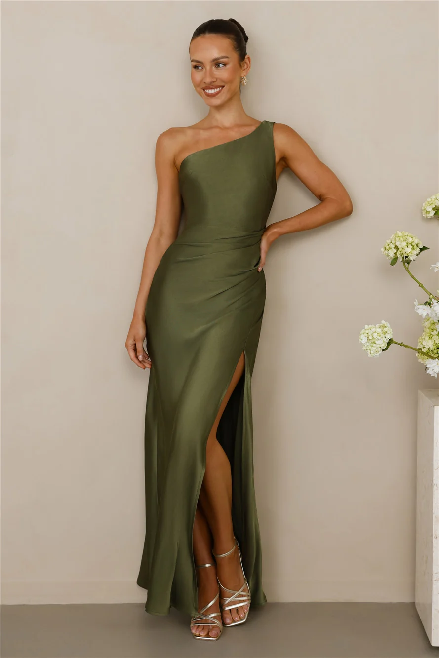 The Aurora One Shoulder Satin Maxi Dress Olive