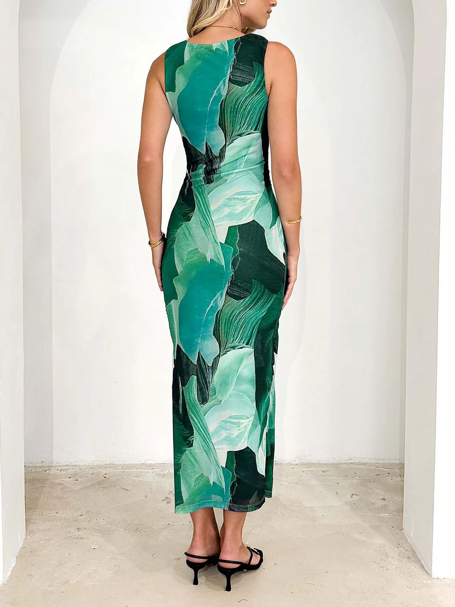 Lightweight Summer Floral Printed Mesh Sleeveless Slit Bodycon Maxi Dress for Beach Parties