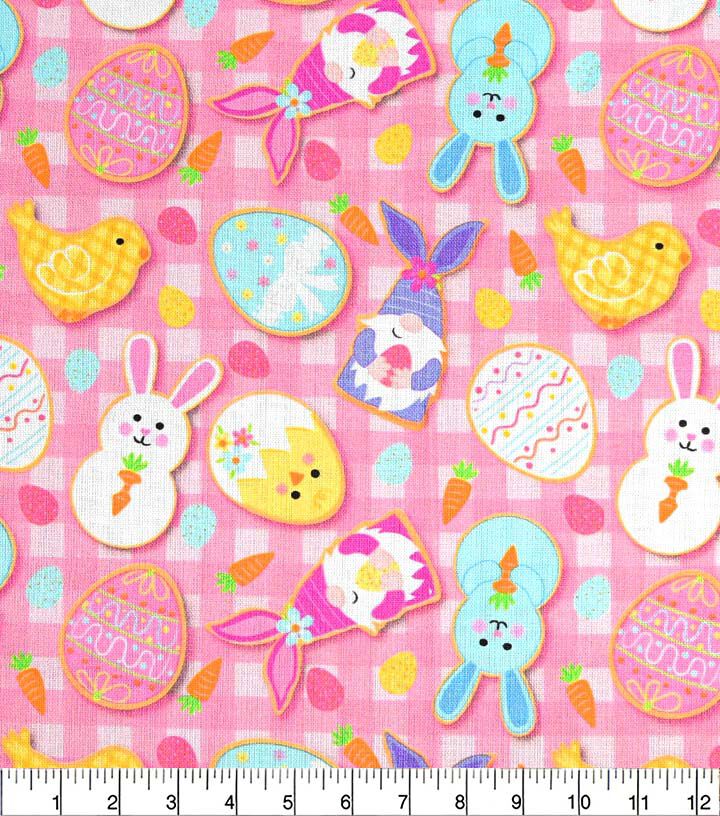 Cookies on Pink Plaid Easter Cotton Fabric