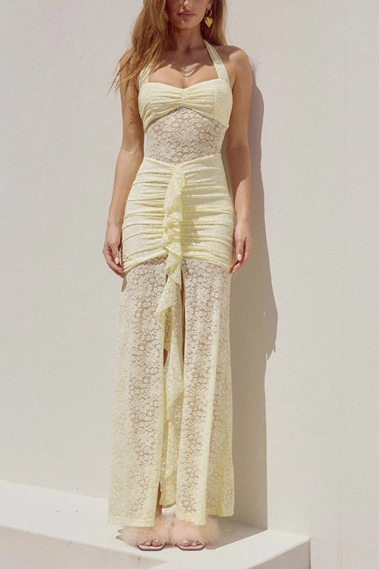 Halterneck Lace Patchwork Ruched Dress