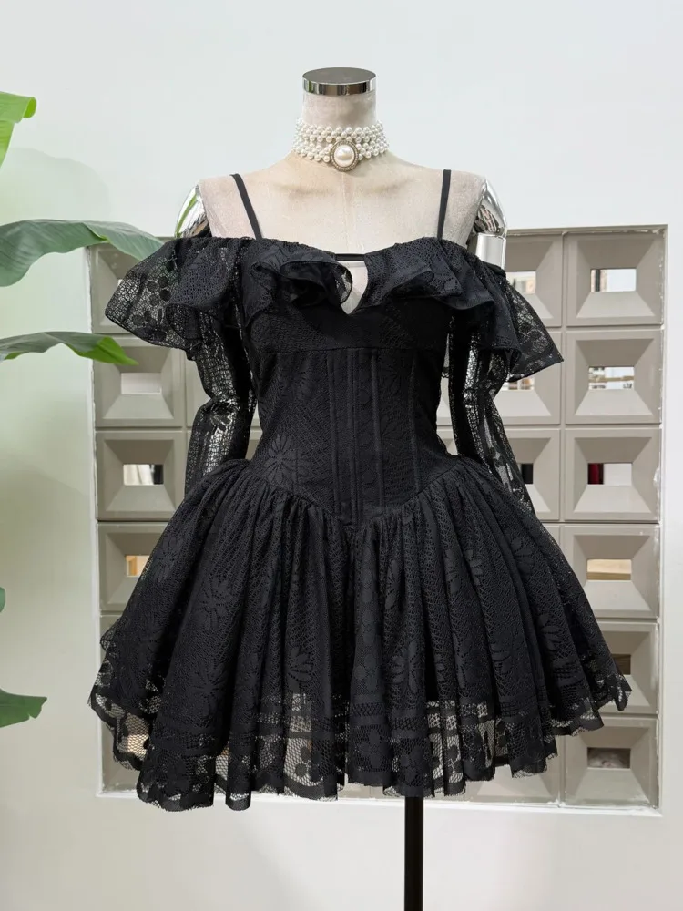 Off Shoulder Lace Corset Flared Mini Dress