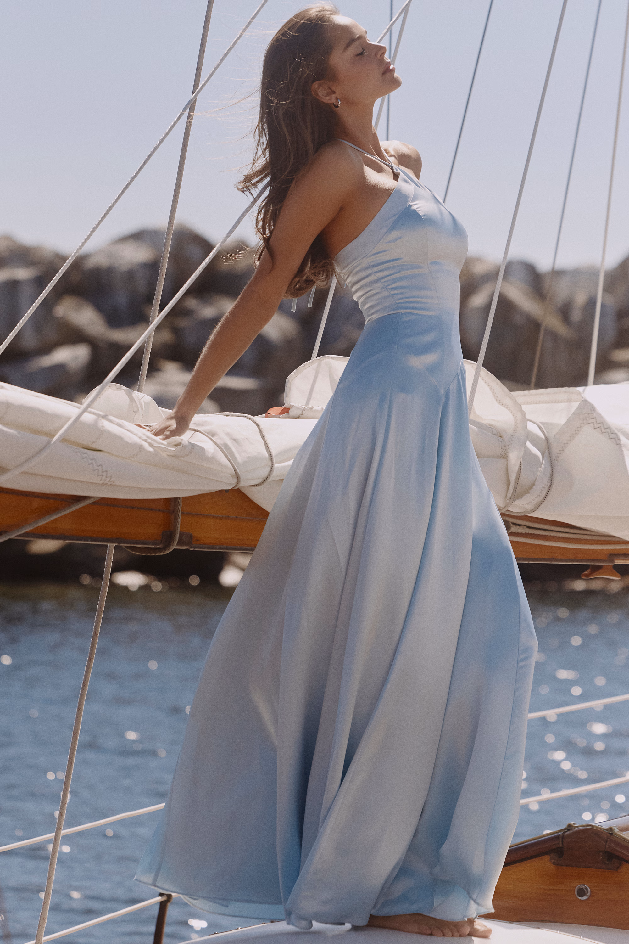 Avelina blue satin halter neck godet maxi dress