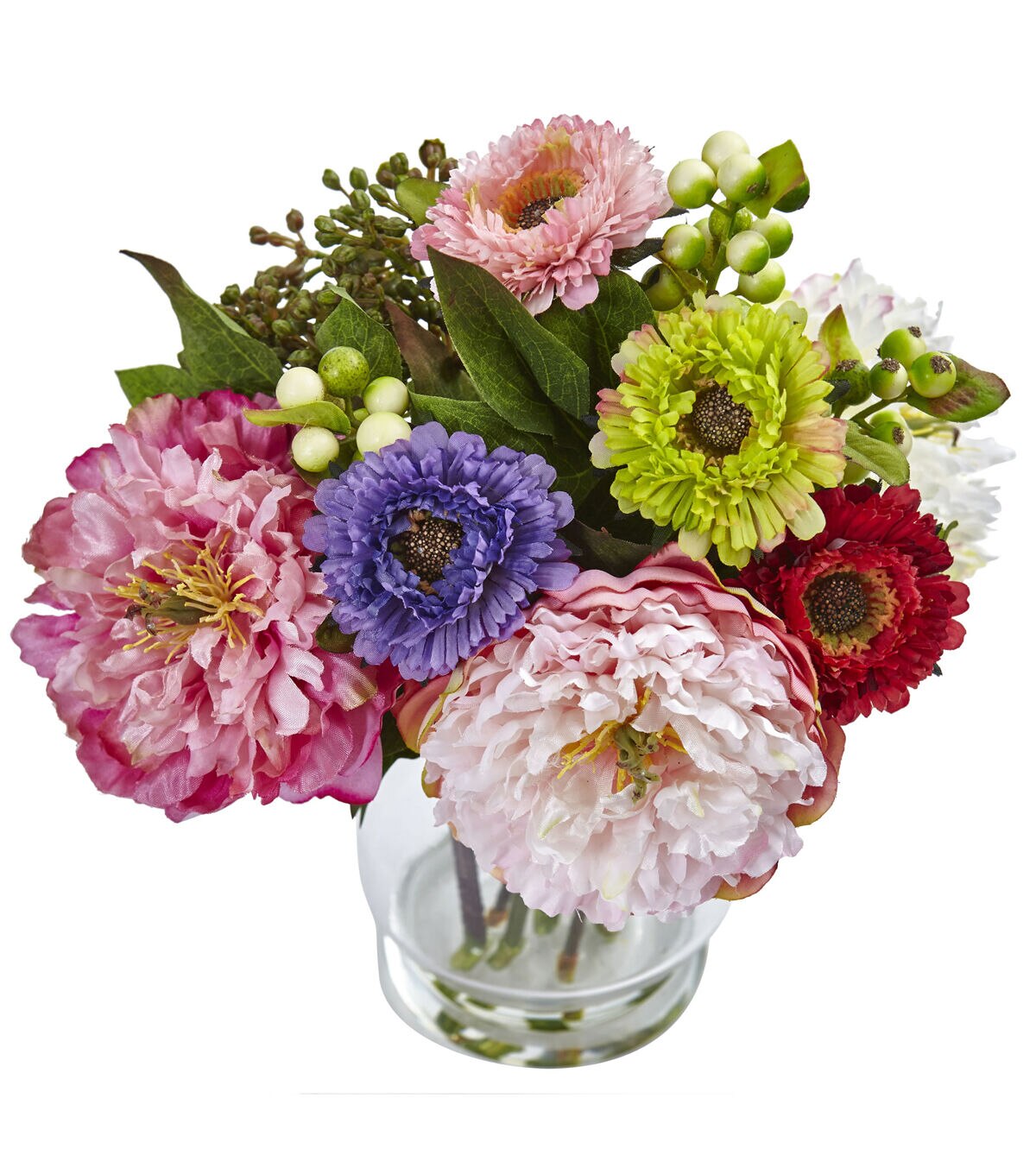 Nearly Natural Pink Peony and Mum in Glass Vase