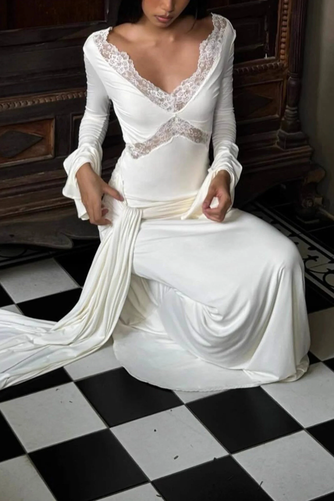 Lace Patchwork Flare Sleeve Tie-up Maxi Dress