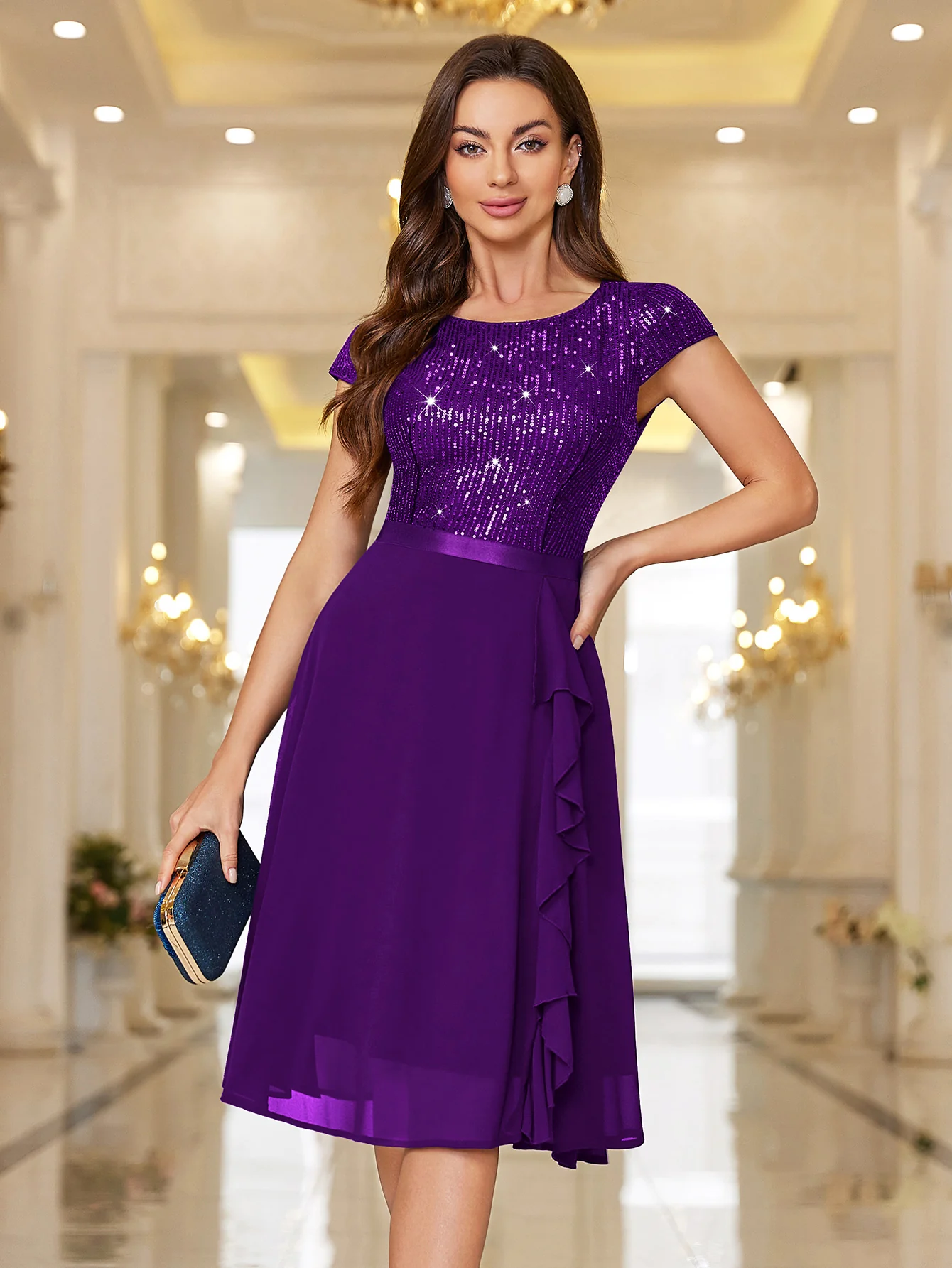 Sequin Lace Ruffle Trim Chiffon Cocktail Party Swing Dress for Weddings, Proms & Formal Events