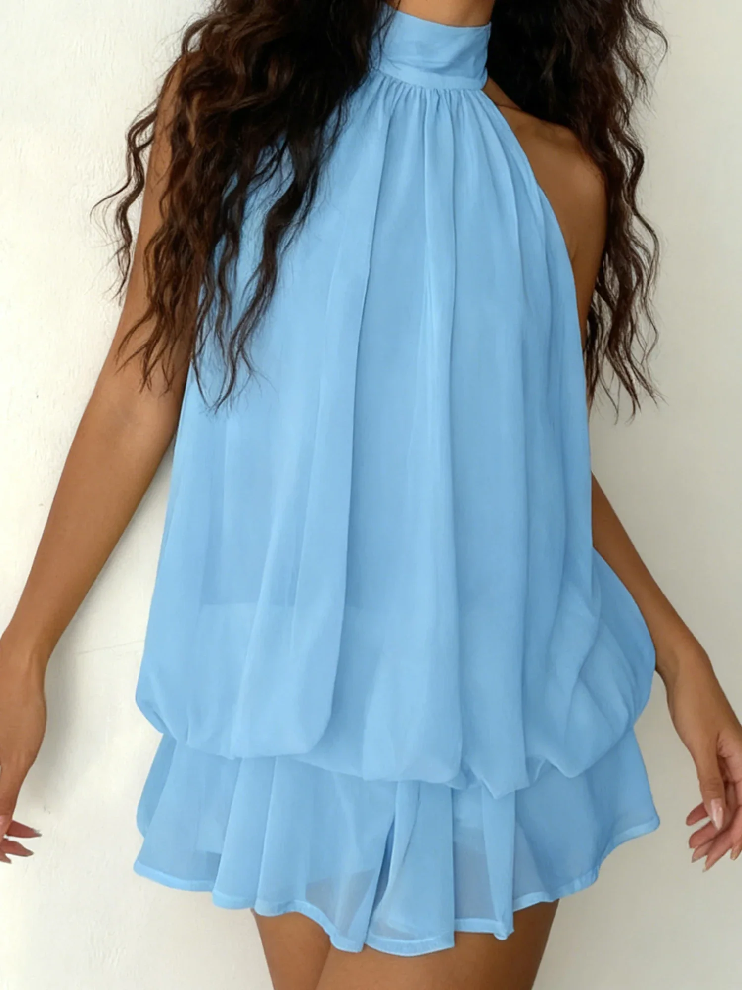 Tiered Ruffle Open Back Tie Detail Halter Mini Dress