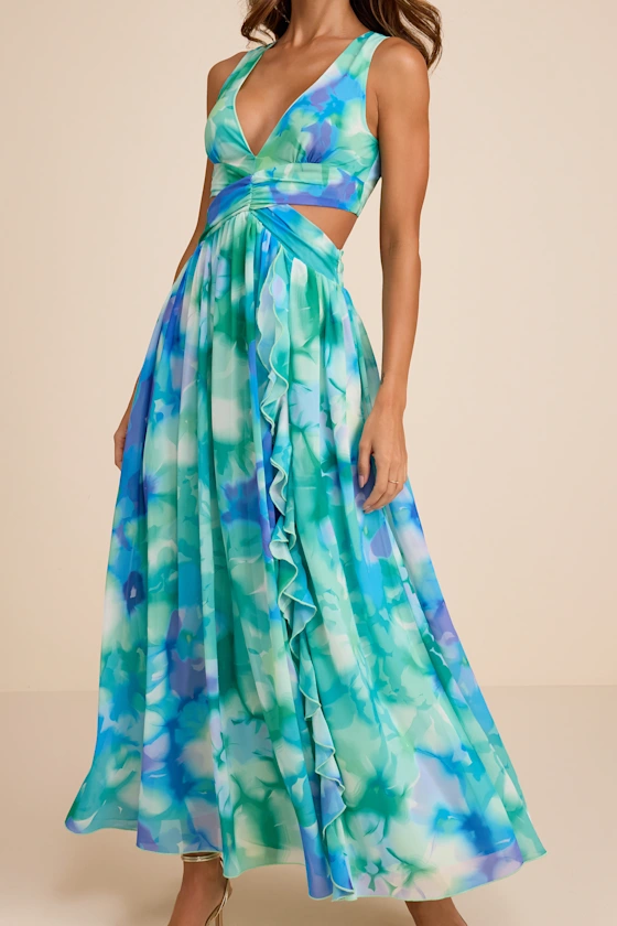 Elisanna Teal Multi Floral Lace-Up Midi Dress