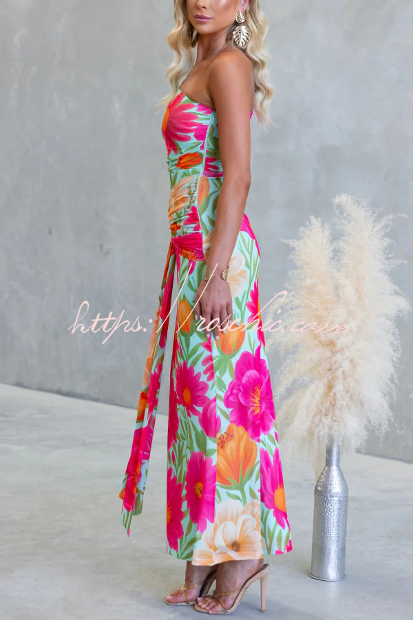 Unique Printed One-Shoulder Cutout Fitted Lace-Up Maxi Dress