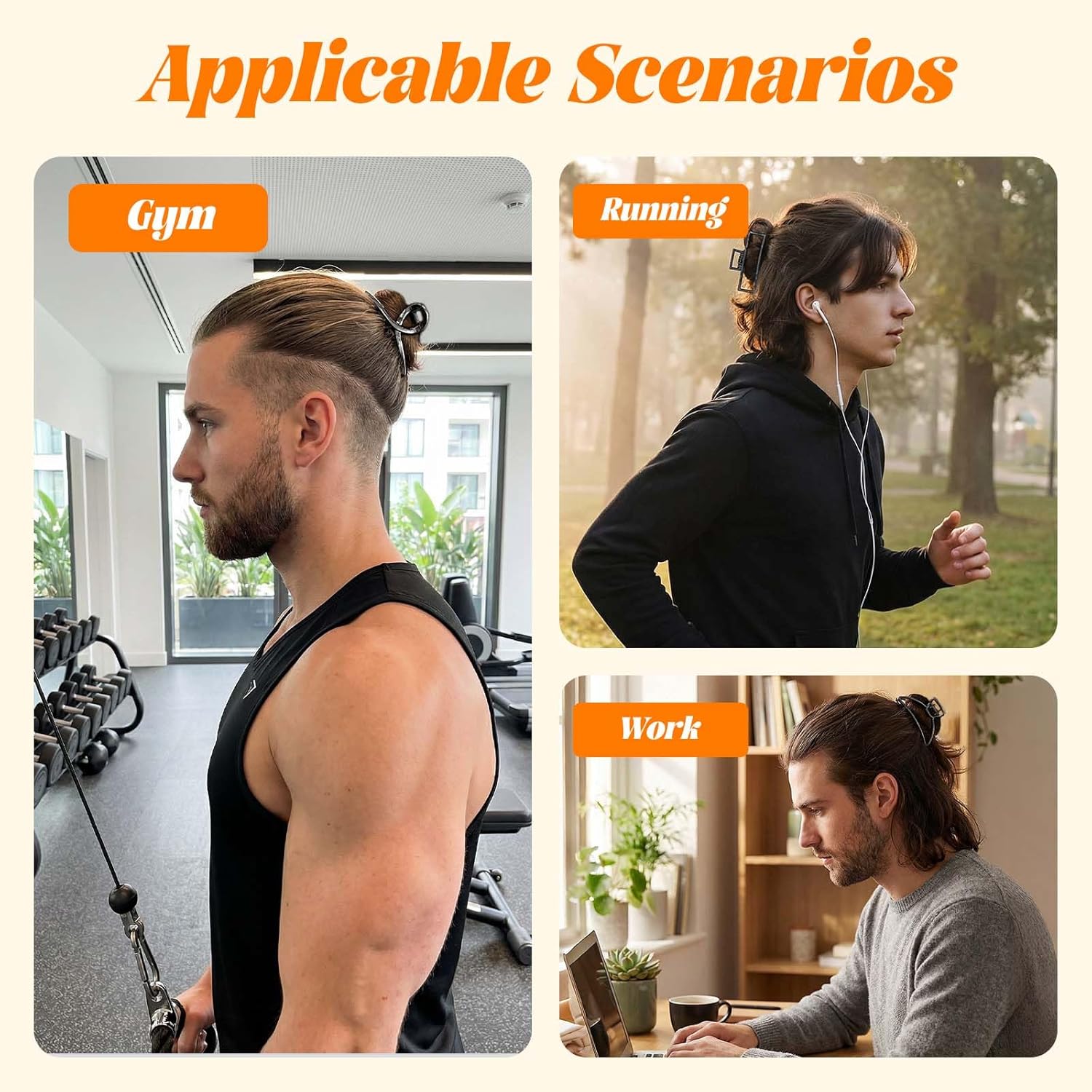 Hair Clips for Men - Mens Hair Claw for Gym, Work & Sports | Black Hair Clips for Thick or Thin Hair (3 Sizes)