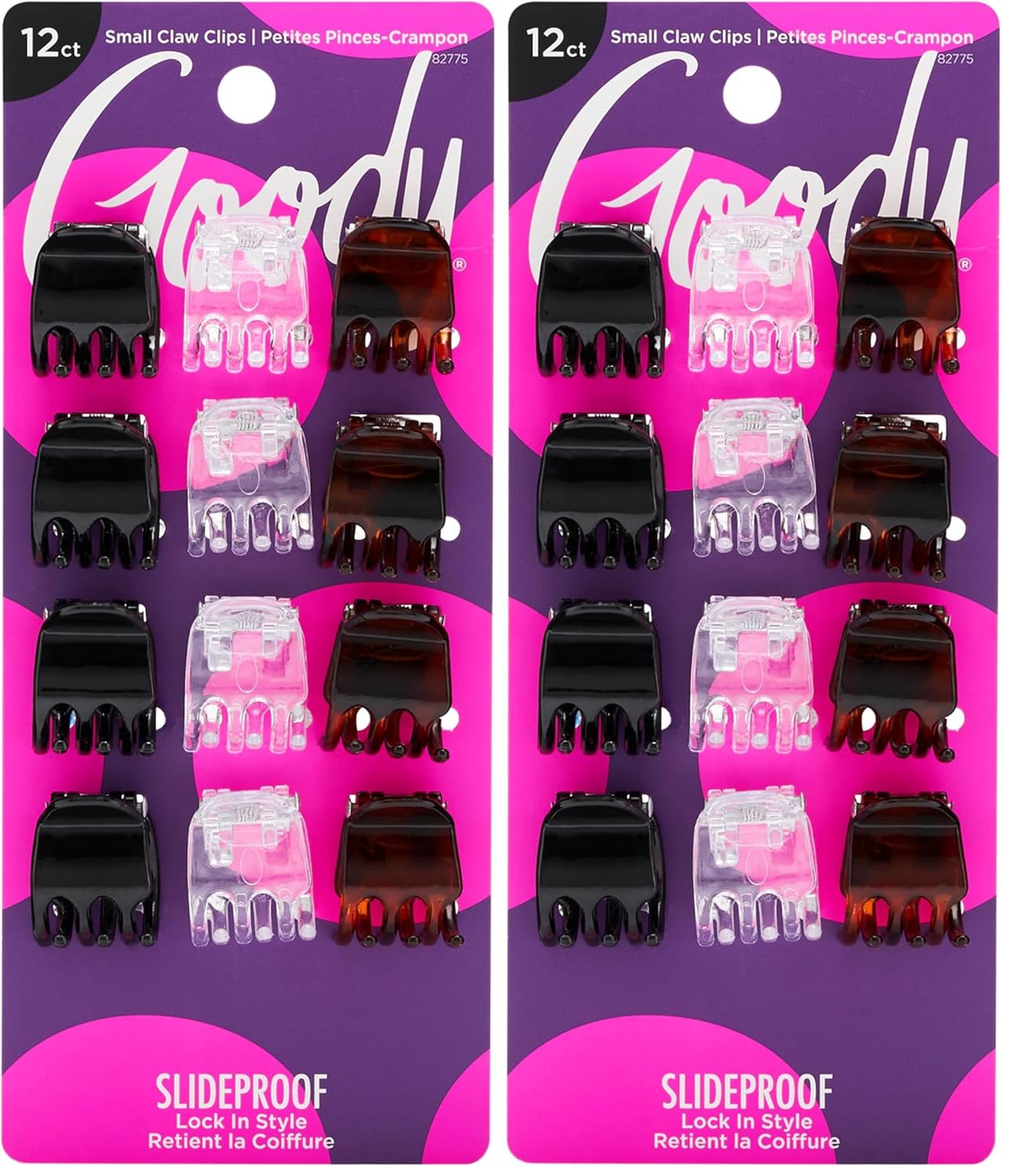 Goody Small Basic Half-Claw Hair Clips, 12-Count – 3-Prong Claw Clips for All Hair Types, Neutral Colors (Black, Tortoise, Clear), SlideProof Grip for All-Day Hold