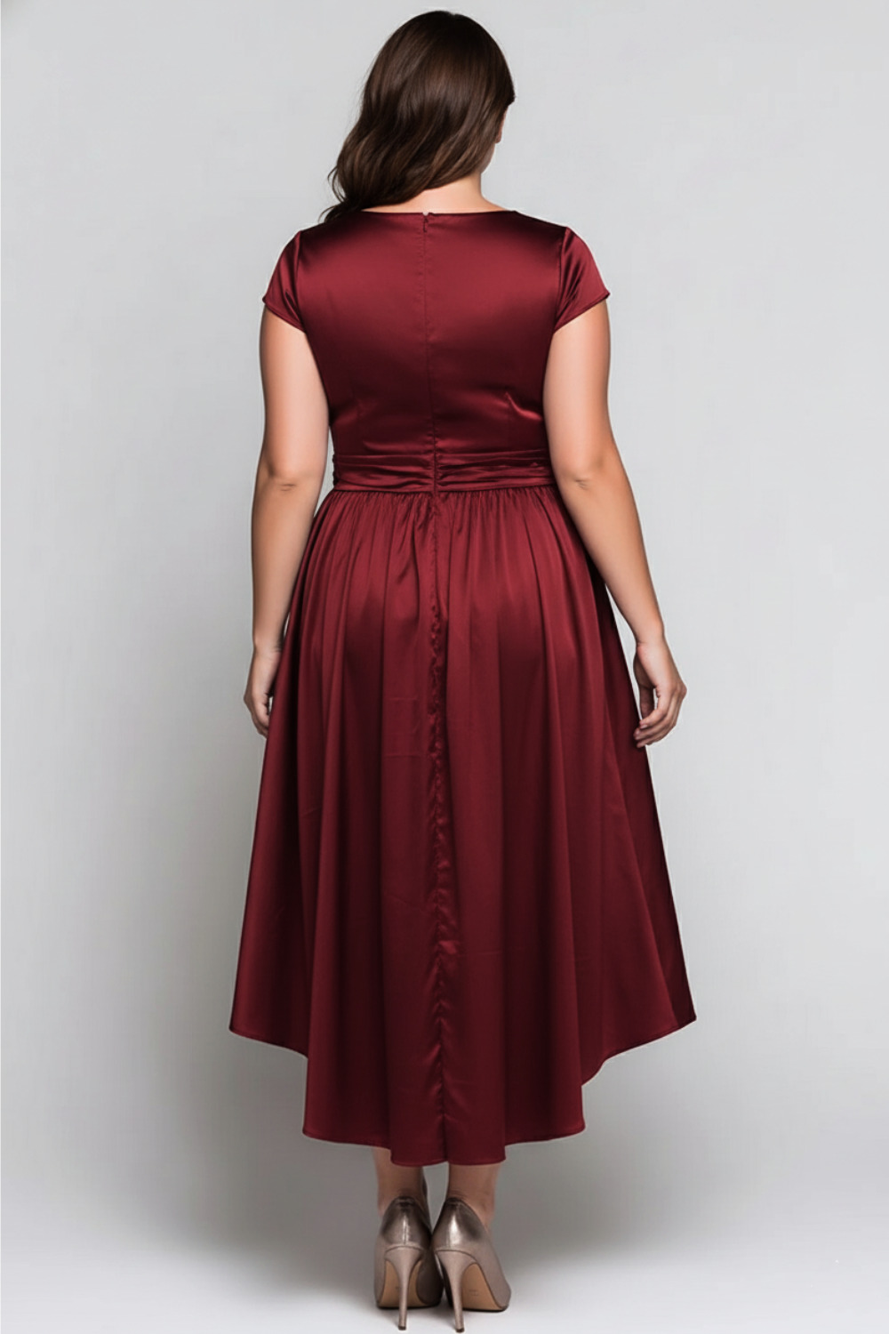 Flycurvy Plus Size Mother Of The Bride Burgundy Satin Wrap High Low Hem Midi Dress