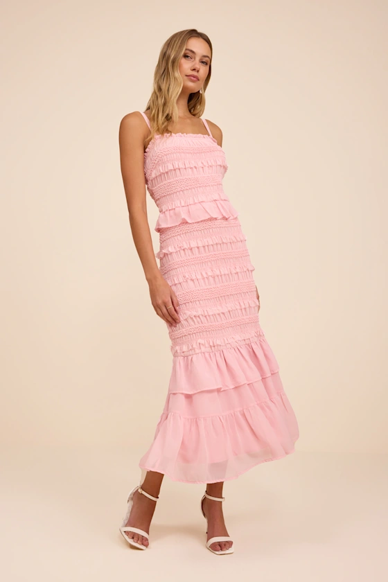 Harley Light Pink Smocked Ruffled Midi Dress