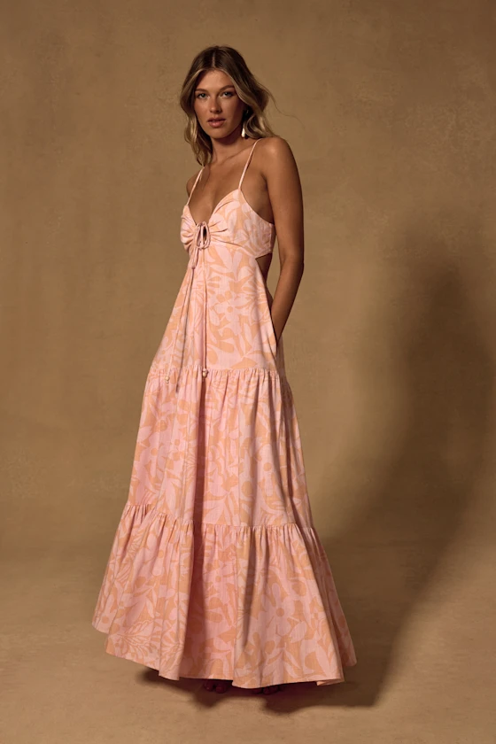 Mykonos Memories Peach and Pink Abstract Maxi Dress With Pockets