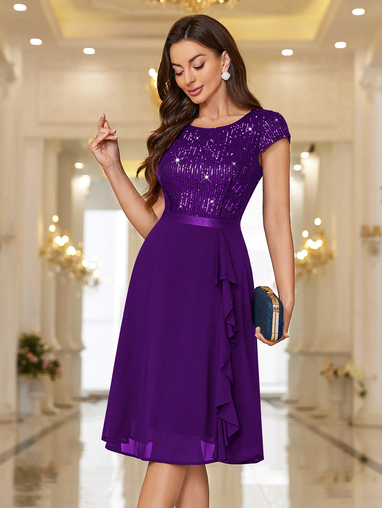 Sequin Lace Ruffle Trim Chiffon Cocktail Party Swing Dress for Weddings, Proms & Formal Events