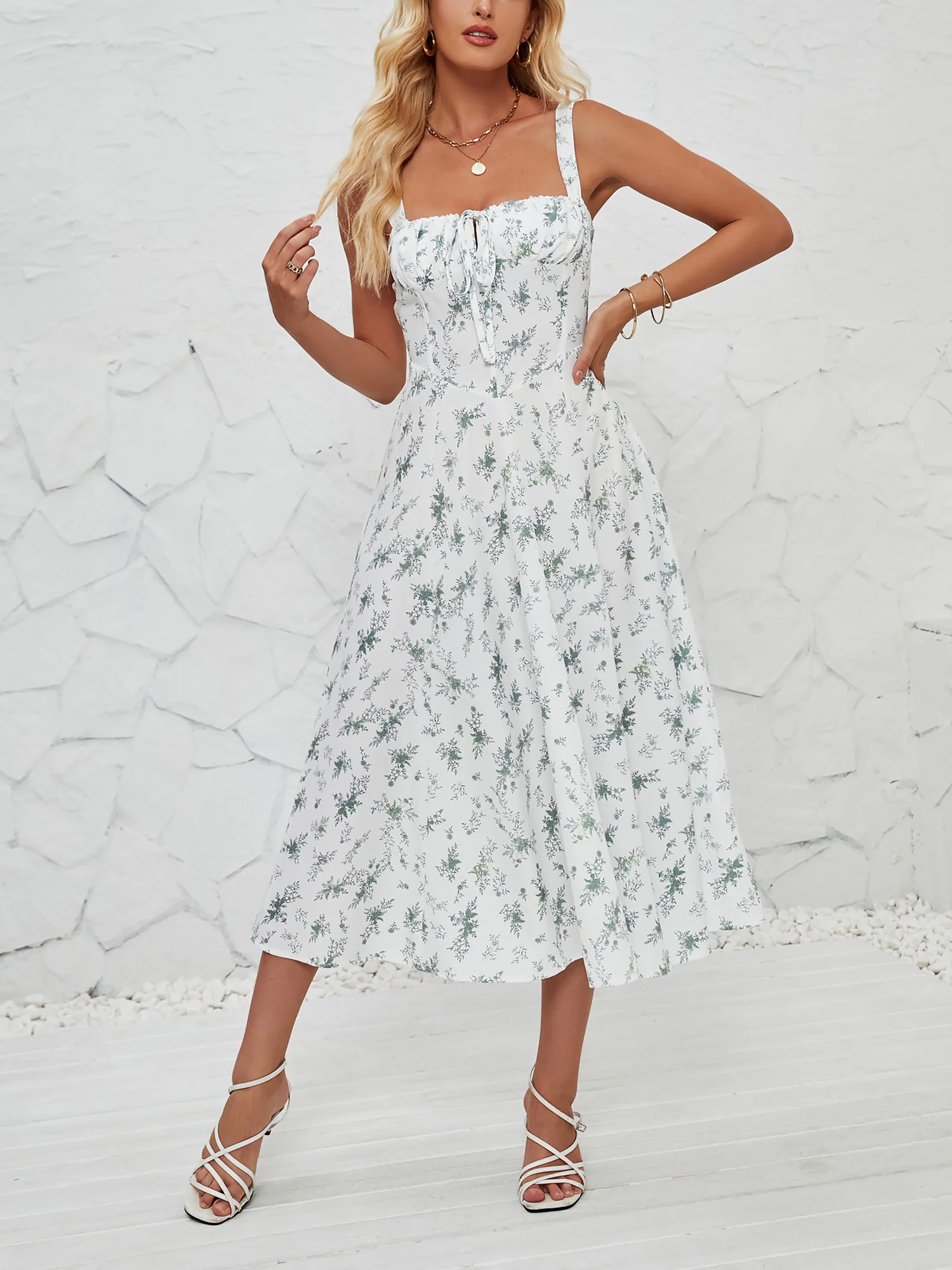 Floral Sleeveless Lace-Up Side Slit Dress Sundress