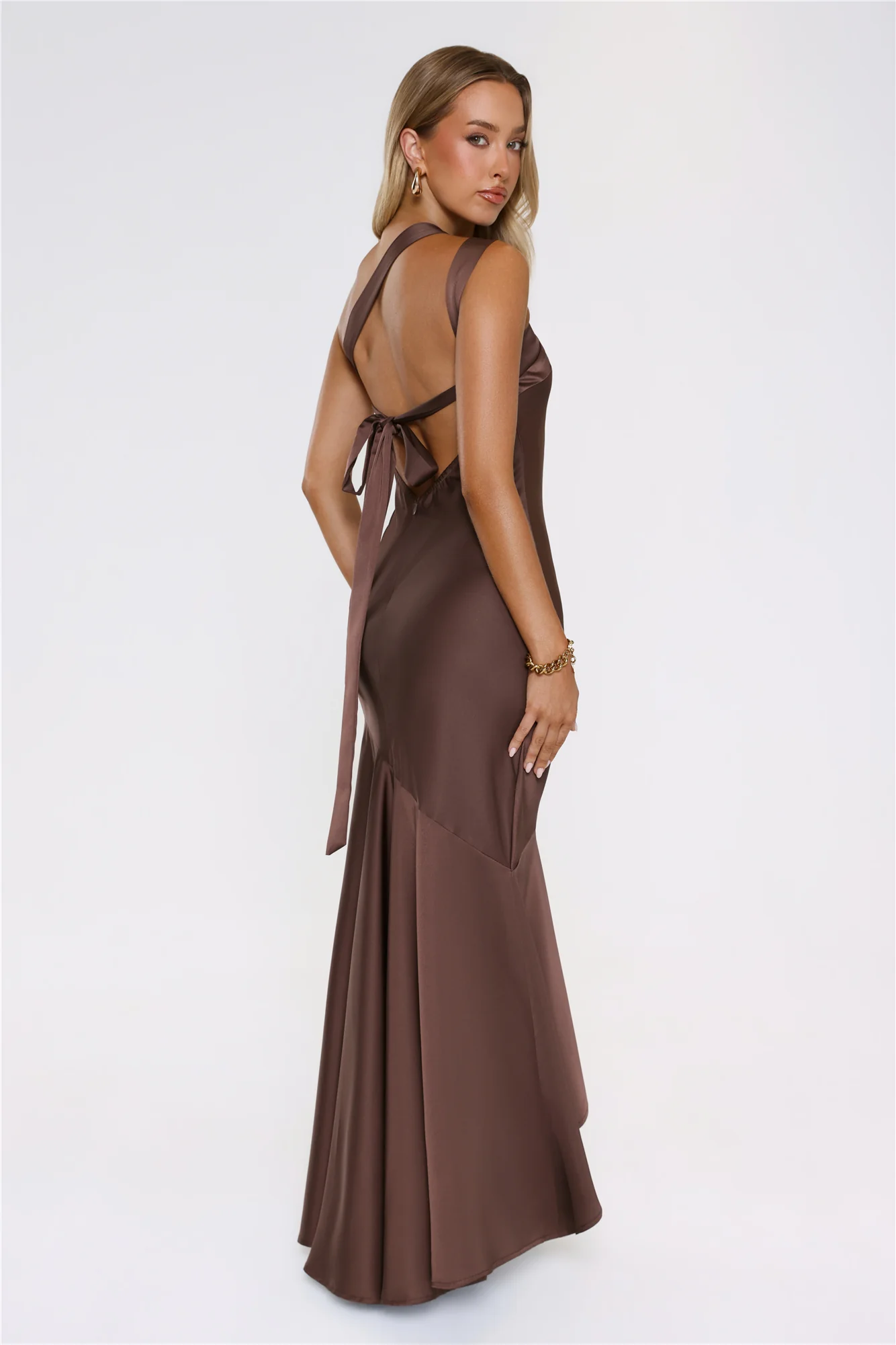 Romantic Affair Satin One Shoulder Maxi Dress Brown