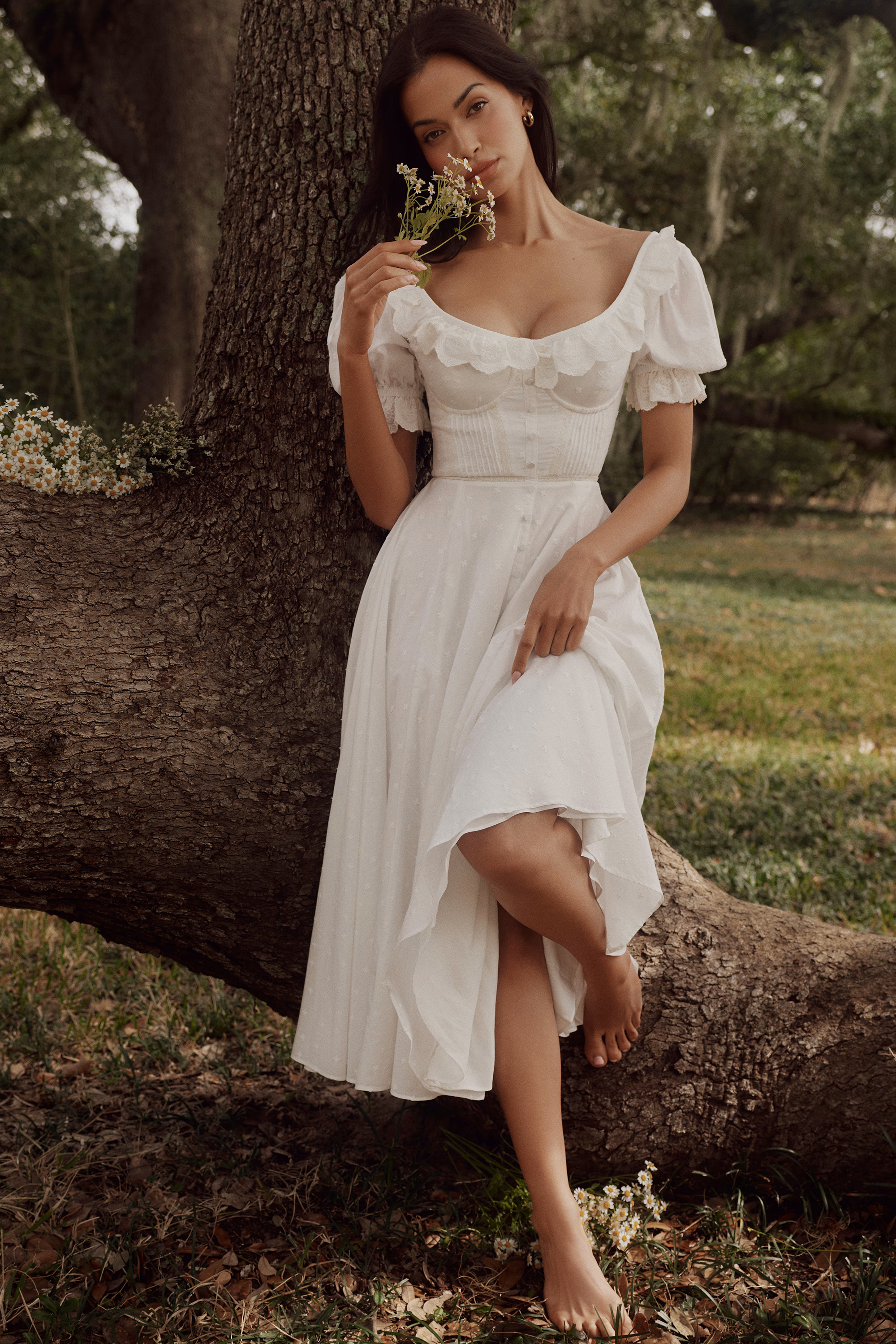 white broderie anglais babydoll midi dress