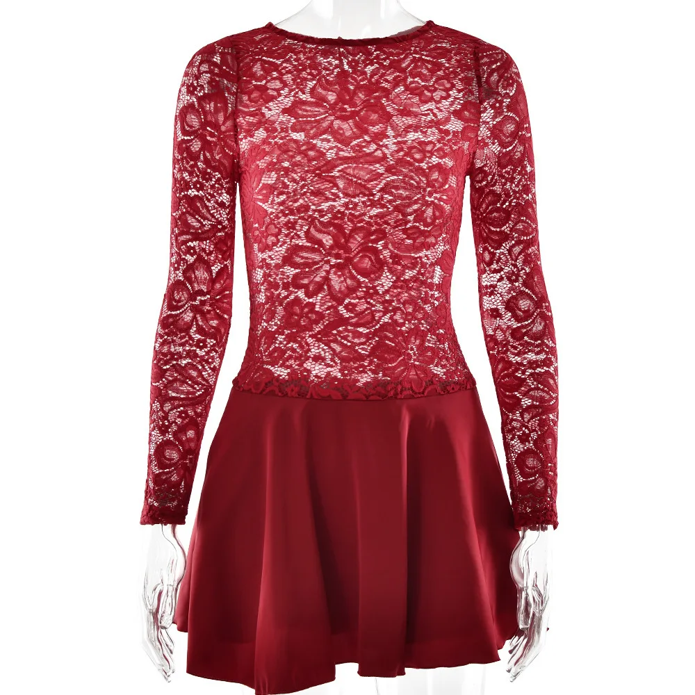 Lace Sheer Patchwork Ruffle Long Sleeve Mini Dress