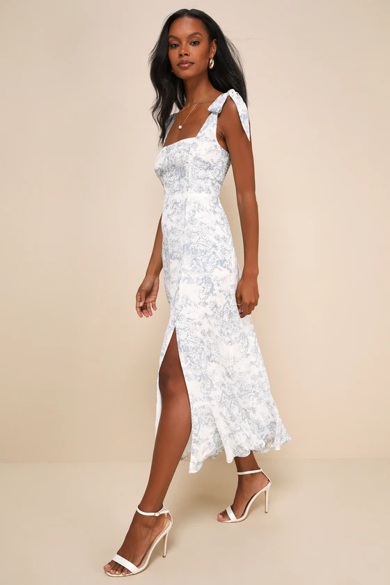Summer Invite White and Blue Toile Tie-Strap Tiered Midi Dress