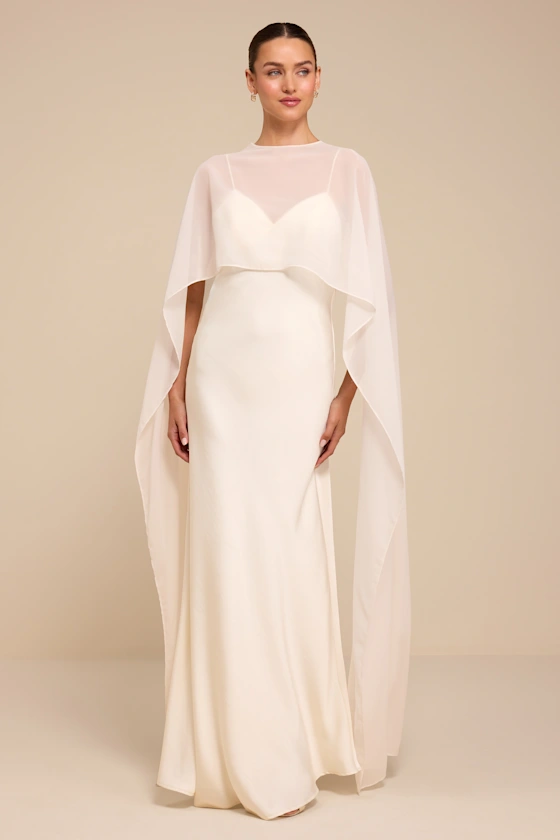 Mercedes White Satin Cape Wedding Dress