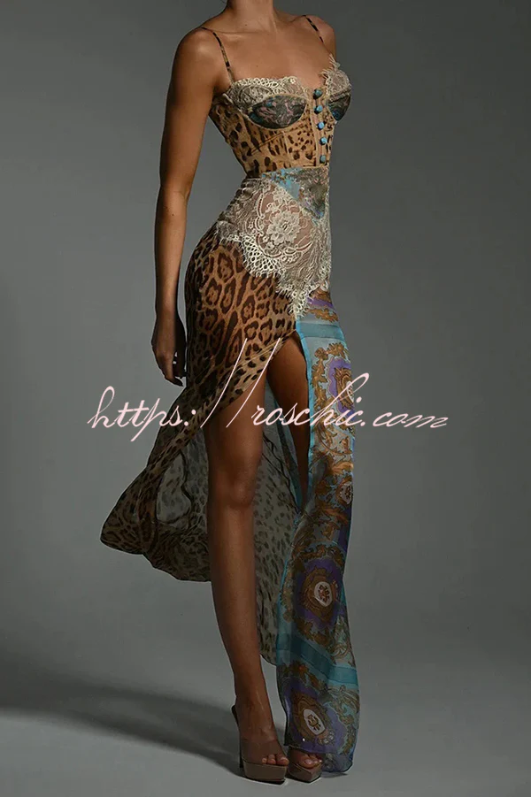 Chiffon Leopard Print Sexy Lace Splicing High Slit Slim Maxi Dress